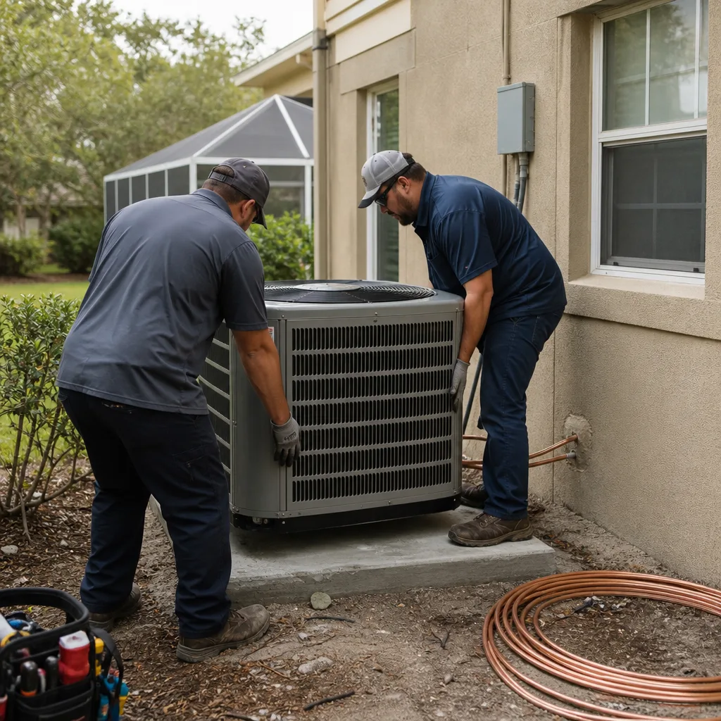 Two professional HVAC technicians installing a residential air conditioning unit outside