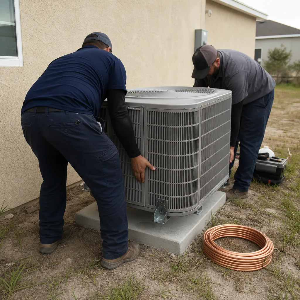 Two technicians installing an outdoor HVAC condenser unit.