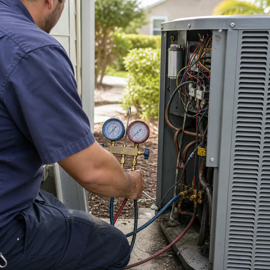 HVAC technician performing professional AC repair on an outdoor unit