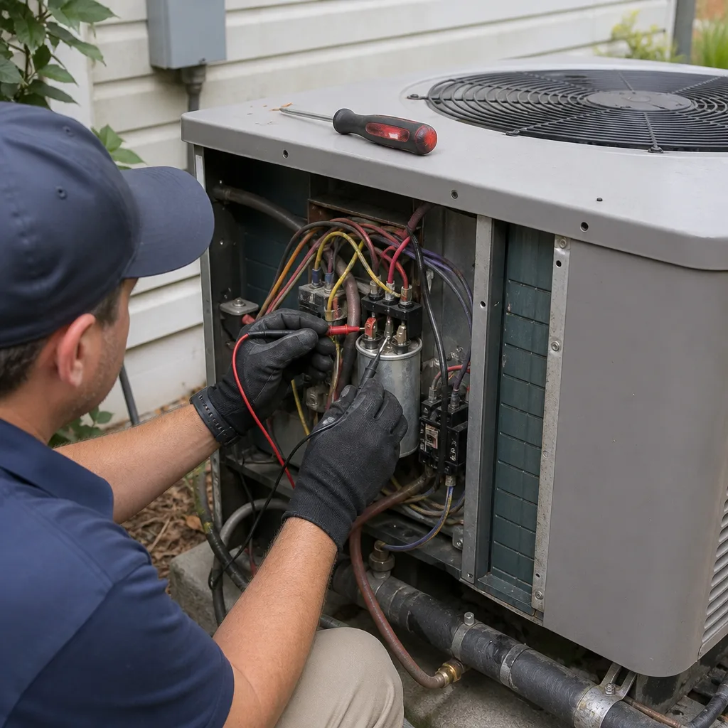 HVAC technician using a multimeter for professional air conditioning repair