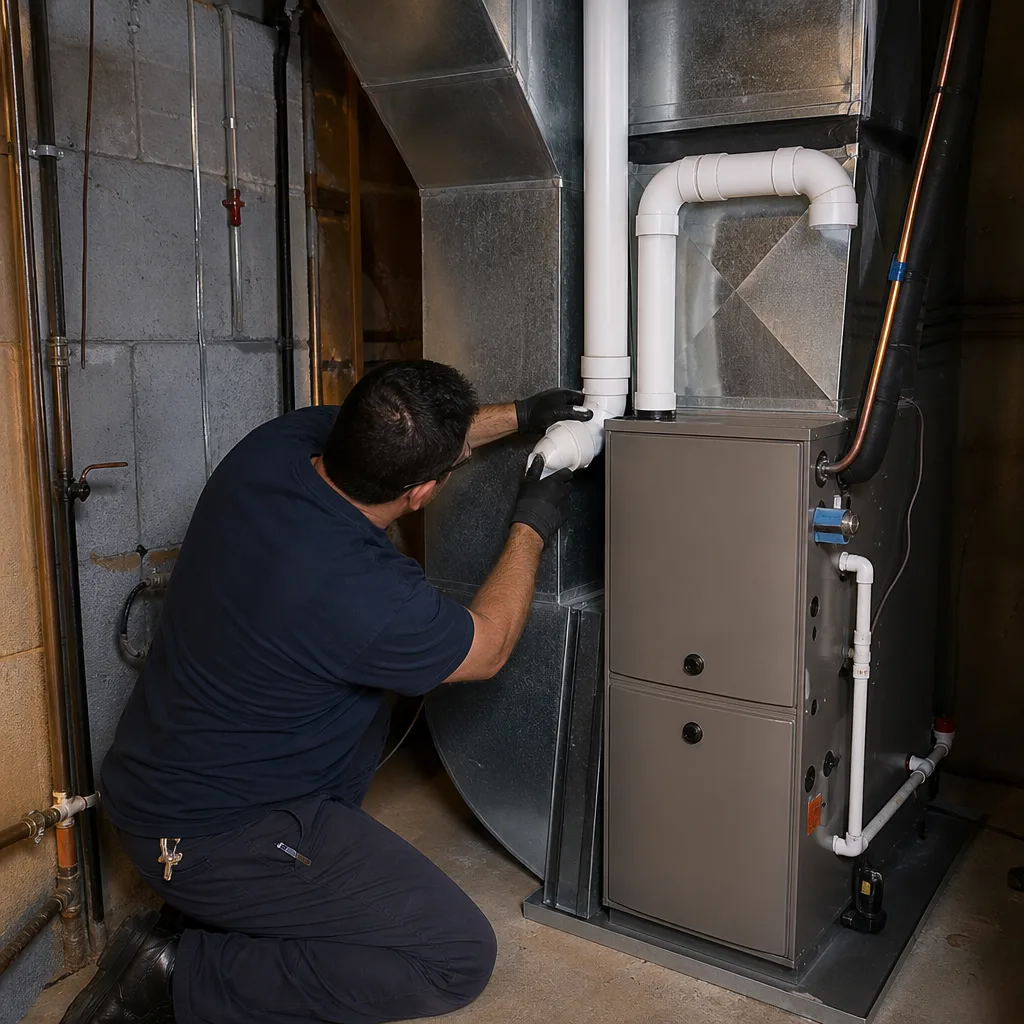 HVAC technician performing professional furnace repair and maintenance on home heating system